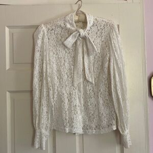 Unique Vintage Bow Front Sheer Lace Long Sleeved Blouse